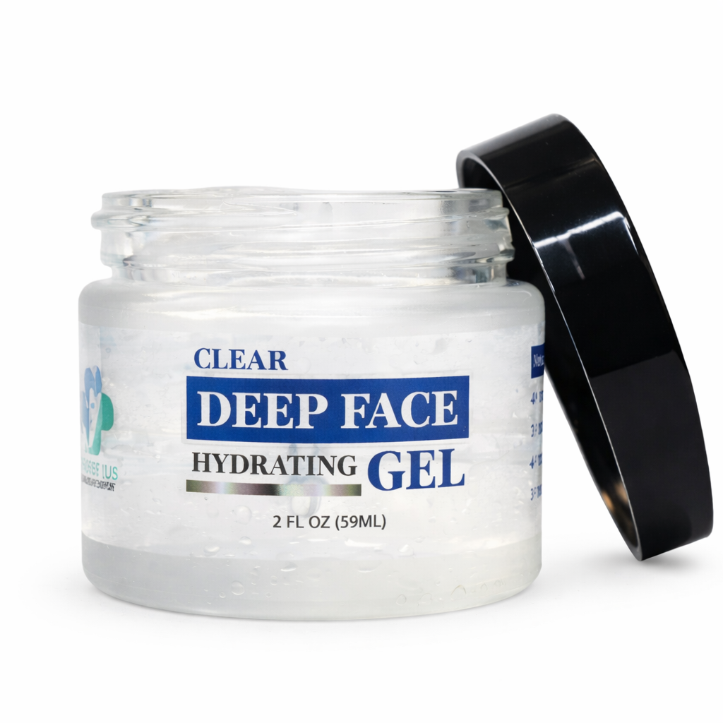 Jar of deep face hydrating gel with a black lid