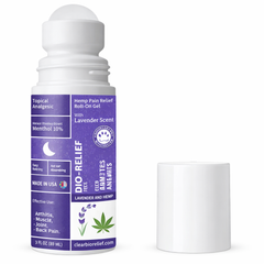 Roll-on bottle of Dio-Relief Hemp Pain Relief Gel with lavender scent