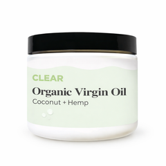 Jar of organic virgin oil with coconut and hemp on a white background