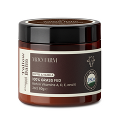 Jar of Tallow Balm from Moo Farm with a brown label