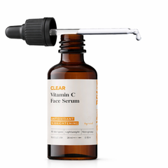Brown glass bottle of Vitamin C face serum with dropper