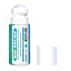 BIO-RELIEF pain relief roller bottle with a white Cap