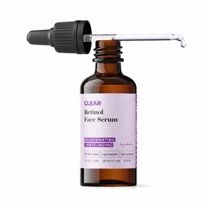 Brown glass bottle with dropper labeled 'Clear Retinol Face Serum 