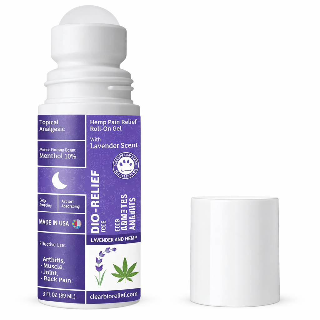 Roll-on bottle of Dio-Relief Hemp Pain Relief Gel with lavender scent 