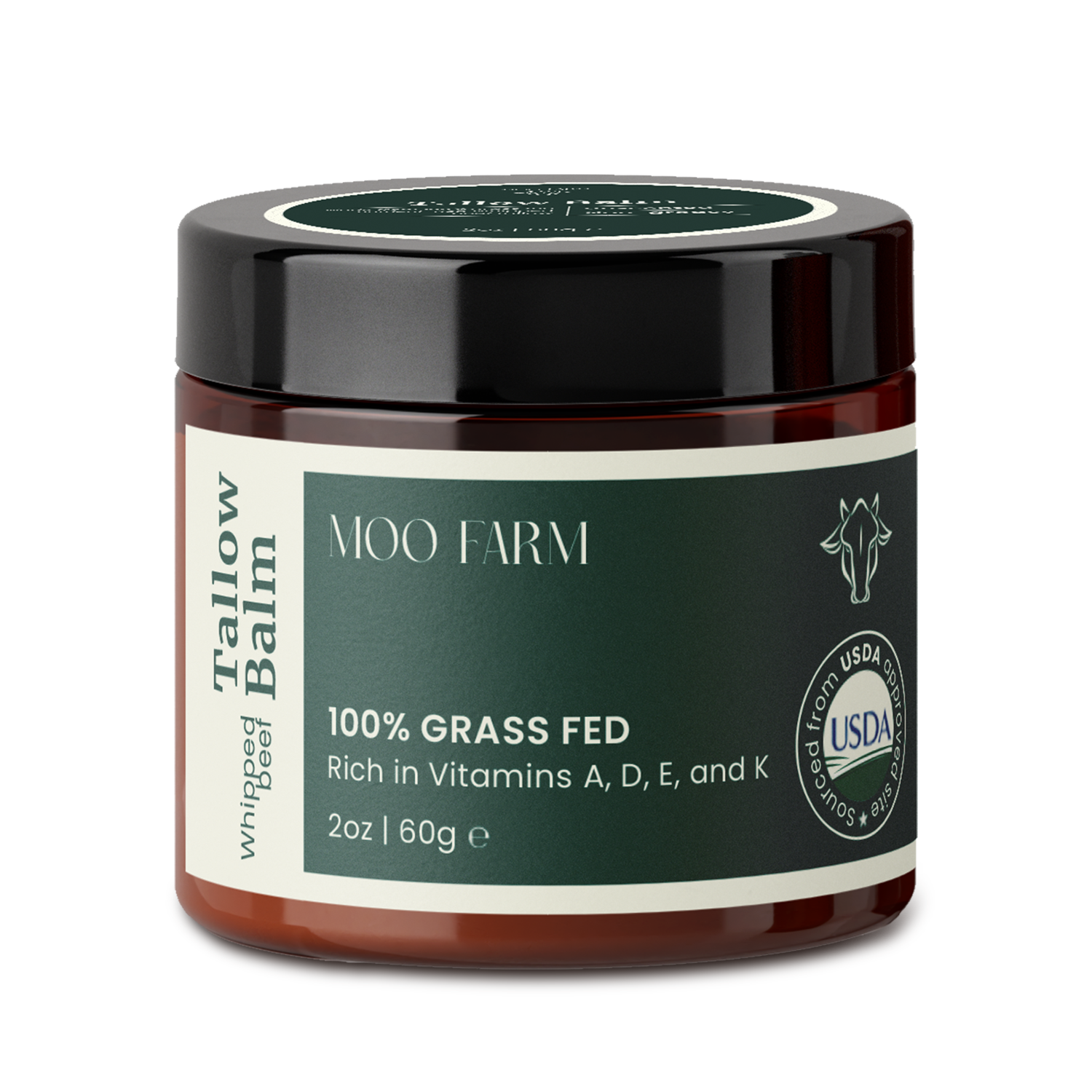 Jar of Moo Farm Tallow Balm with USDA Organic label 