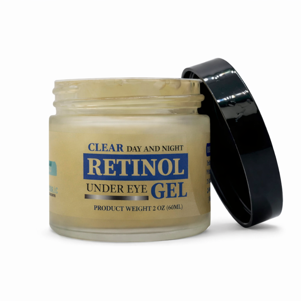 Jar of retinol under eye gel with a black lid 